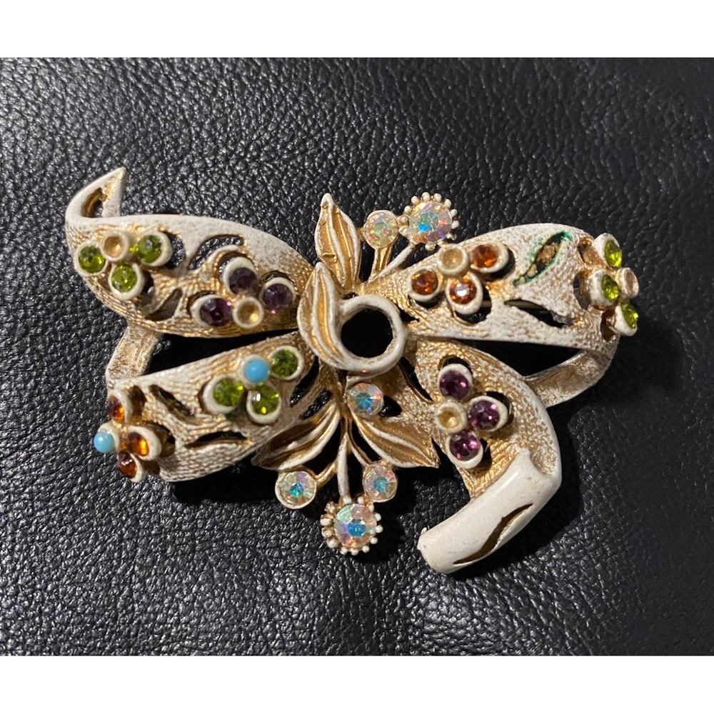 VNTG 1960 Florenza Brooch Bow Flowers Rhinestones MultiColor White Enamel Unique